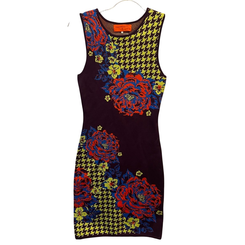 Clover Canyon Womens Purple Floral Houndstooth Knit Bodycon Dress Wedding Size S
